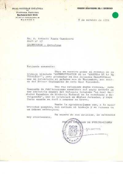 Carta de la RSEHN (Real Sociedad Española de Historia Natural) a Antoni Jonch i la resposta d'aquest, sobre la ponència que ha de donar a la Jornadas Cientificas d'aquesta societat. [Document]