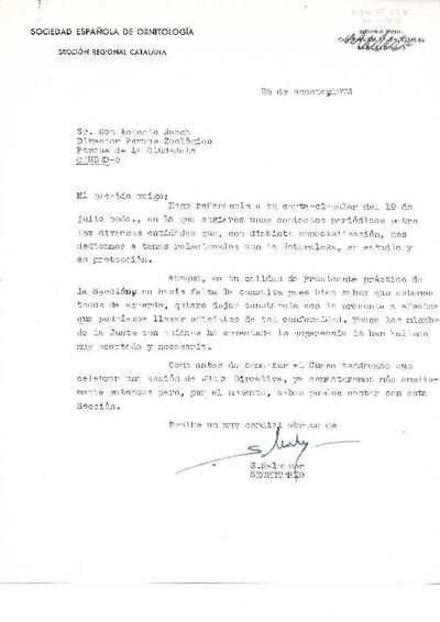 Carta de S. Maluquer secretari de la Secció Catalana de la Sociedad Española de Ornitologia (SEO), a Antoni Jonch, en resposta a aquest. [Document]