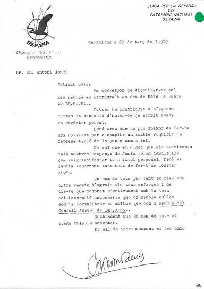 Carta de DEPANA demanant-li a Antoni Jonch que sigui membre del Consell Assessor. [Document]