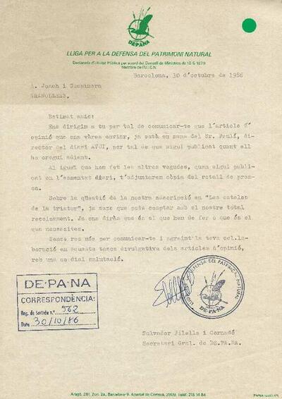 Carta de Salvador Filella, secretari de DEPANA dirigida a Antoni Jonch, sobre un article d'aquest al diari AVUI. [Documento]
