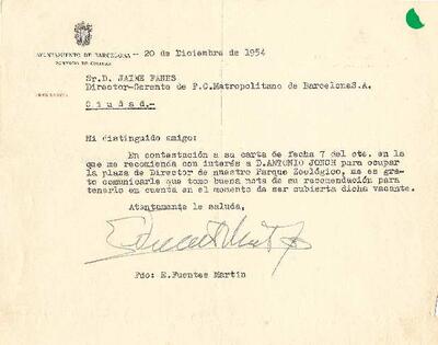Carta de E. Fuentes Martin dirigida a Jaime Fanes responen a la carta que li va fer per recomar Antoni Jonch per una possible plaça de director del Parc Zoològic. [Documento]