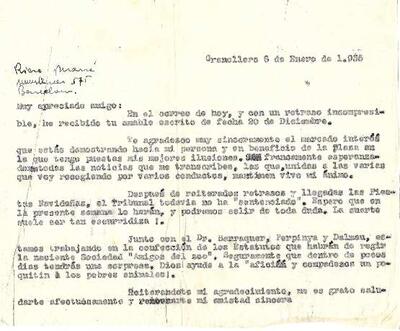 Carta d'Antoni Jonch dirigida a Riera-Marsá amb referència al concurs de la plaça de conservador i també a la sociedat Amigos del Zoo. [Document]