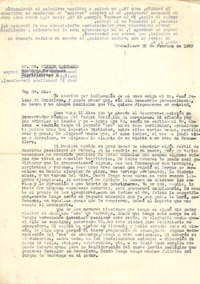 Carta d'Antoni Jonch a Heier Heinecke del Zoo d'Hamburg, on li demana informació sobre dieferents aspectes dels zoos. [Document]