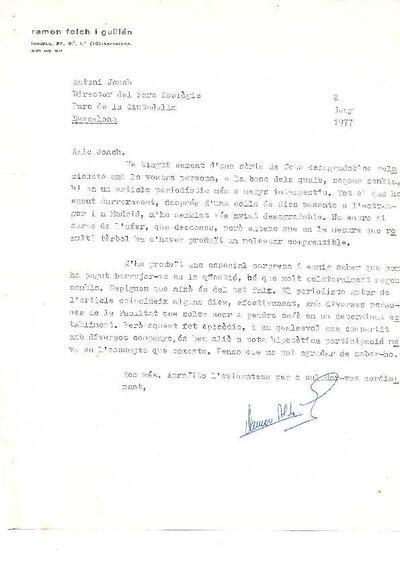 Carta de Ramon Folch a Antoni Jonch sobre qüestions personals. [Document]