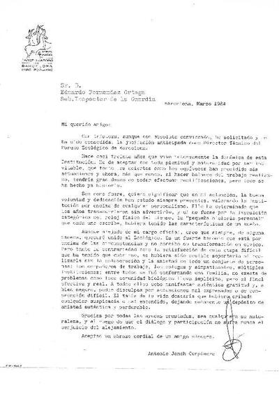 Carta d'Antoni Jonch a E. Fernández, Sub. Inspector de la Guardia, on li informa de la seva jubilació i li mostra el seu agraïment. [Document]