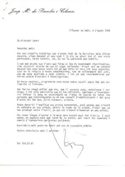 Carta de J.M. de Porcioles a Antoni Jonch, on li demana informació per un llibre. [Document]
