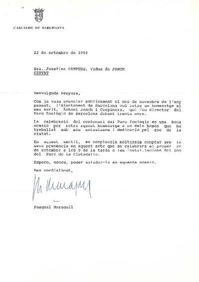 Carta de Pascual Maragall a Josefina Sampere, vídua de Jonch, amb motiu d'un homenatge pòstum. [Documento]