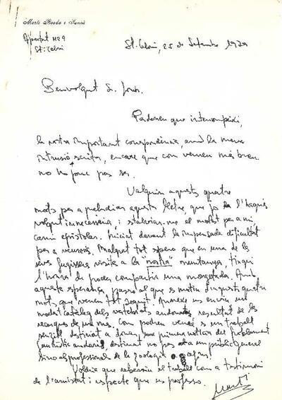 Carta de Martí Boada a Antoni Jonch referent a l'enviament del catàleg de vertebrats andorrans i a una visita al Montseny. [Document]