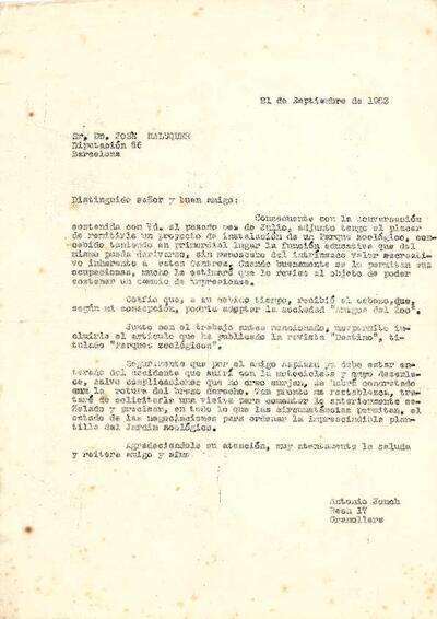 Carta d'Antoni Jonch a José Maluquer on li diu que li envia un projecte d'instal·lació d'un parc zoològic a Barcelona. [Document]
