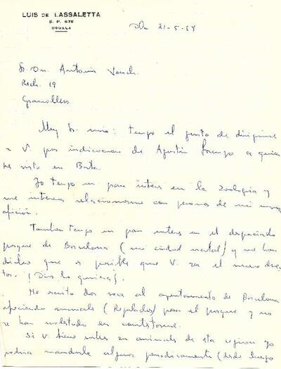 Carta de L. Lassaletta (Camerun) a Antoni Jonch sobre enviament d'animals. [Documento]
