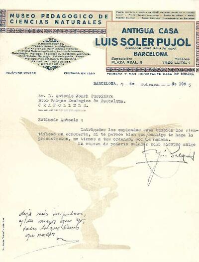 Carta de J. Palaus del Museu Pedagógico de Ciencias Naturales a Antoni Jonch, on s'ofereix a presentar-lo al personal del museu. [Document]
