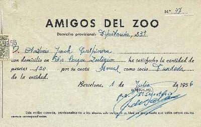 Rebut a nom d'Antoni Jonch, de la quota anual sels Amigos del Zoo, com a soci fundador. [Document]