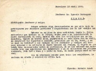 Carta  d'Antoni Jonch al professor I. Barraquer sobre els Amigos del Zoo. [Document]