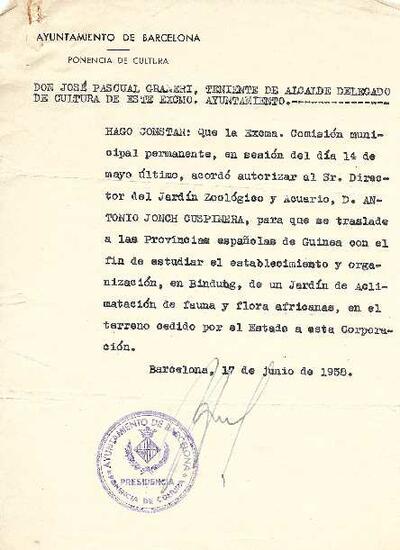 Autorització de l'Ajuntament de Barcelona a Antoni Jonch, per a viatjar a Guinea per estudiar l'establiment d'un jardí d'aclimatació. [Document]
