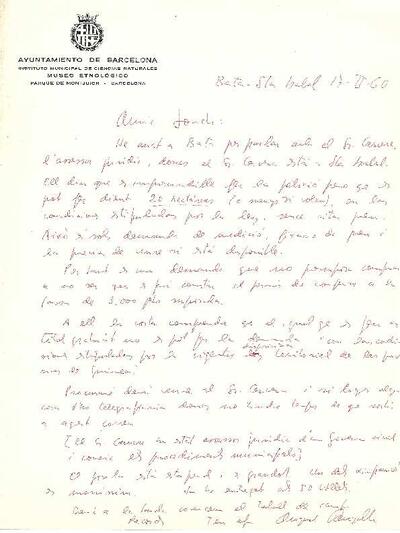 Carta d'August Panyella a Antoni Jonch,  en relació a les gestions per a la compra d'un terreny a Ikunde, [Document]