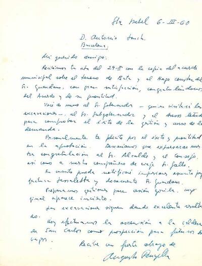 Carta d'August Panyella a Antoni Jonch,  felicitant-lo per l'aprovació del pressupost pel terreny d'Ikunde i li informa d'altres temes. [Document]