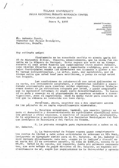 Carta d'Arthur J. Riopelle a Antoni Jonch on li exposa diferents punts sobre els estudis de goril·les, els treballs entre la Universitat de Tulane i el Parc Zoològic de Barcelona, concretats en la persona de Sabater Pi. [Document]