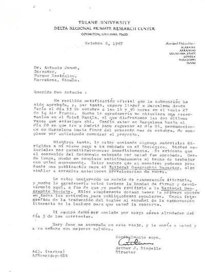 Carta de Arthur J. Riopelle a Jonch sobre la seva visita a Barcelona i sobre un article per a la National Geographic. [Document]