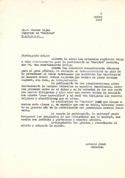 Carta d'Antoni Jonch a Nestor Lujan, director de la revista Destino, sobre el Zoo de Barcelona [Documento]