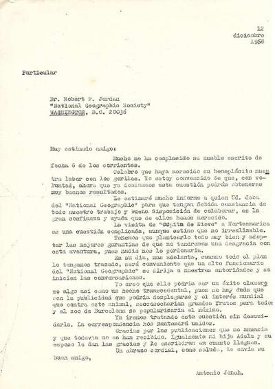 Carta d'Antoni Jonch a Robert P. Jordan, de la National Geographic Society, sobre la possibilitat de la visita del Floquet a Estats Units. [Document]