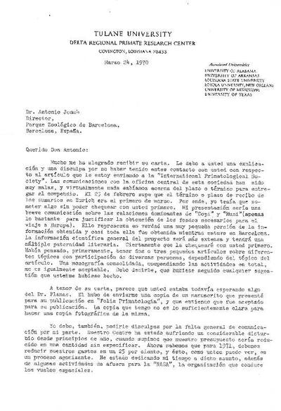 Carta de Arthur J. Riopelle a Jonch sobre sobre les publicacions per a la National Geographic i el Floquet de Neu. [Document]