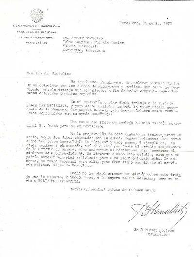Carta de José Planas Mestres, catedràtic de la Universitat de Barcelona, a Arthur Riopelle referent a un estudi sobre el Floquet. [Documento]