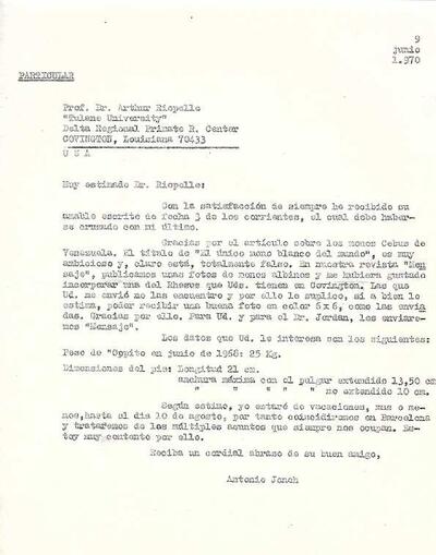 Carta d'Antoni Jonch a Arthur Riopelle referent a un article sobre el Floquet i mones albines. [Document]