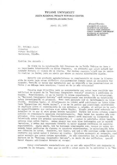 Carta de A. J. Riopelle a A. Jonch sobre la National Geographic, videos del Floquet i la seva visita a Barcelona. [Document]