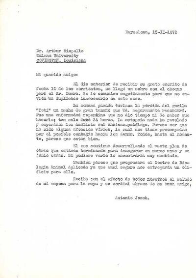 Carta d'Antoni Jonch a A.J. Riopelle on li informa de la mort del goril·la Yeti. [Document]