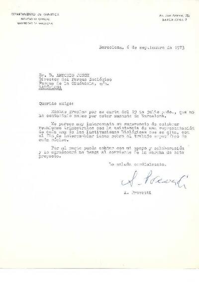 Carta d'Antoni Prevosti, del Departament de Gènetica de la Universitat de Barcelona, a Antoni Jonch on li ofereix la seva col·laboració i recolzament. [Document]