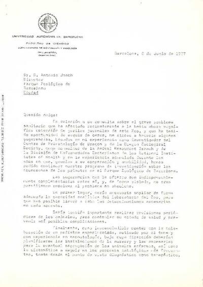 Carta del Dr. J. Egozcue Cuixart a Antoni Jonch sobre problemes amb els goril·les del Zoo de Barcelona. [Documento]