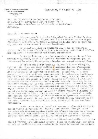 Carta d'Antoni Jonch a J.M. de Porcioles on li comenta aspectes del discurs que va fer al ser anomenat membre de la Reial Acadèmia Catalana de Belles Arts de Sant Jordi. [Documento]
