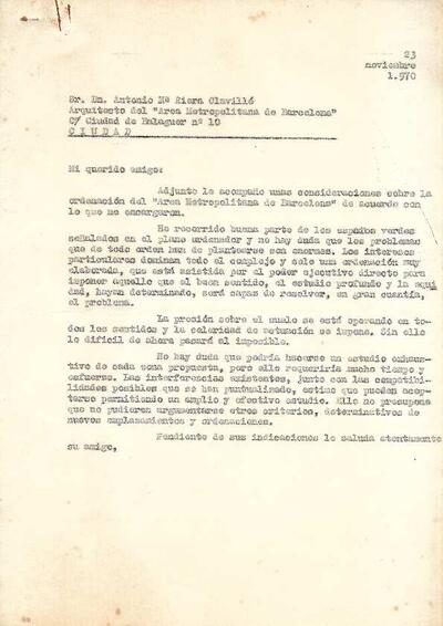 Carta i propostes de Reserves Naturals a l'Àrea Metropolitana de Barcelona escrita per Antoni Jonch i dirigida a l'arquitecte d'aquesta àrea A.M. Riera. [Documento]