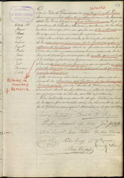 Actes de la Junta de La Unió Liberal, 21/1/1888, Sessió ordinària [Minutes]