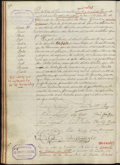 Actes de la Junta de La Unió Liberal, 25/1/1888, Sessió ordinària [Minutes]