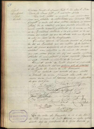 Actes de la Junta de La Unió Liberal, 4/4/1888, Sessió ordinària [Minutes]