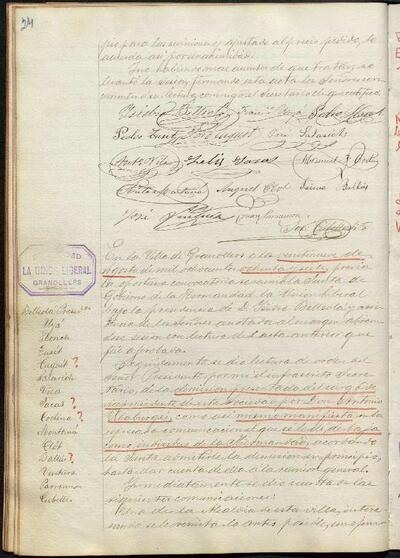 Actes de la Junta de La Unió Liberal, 29/8/1887, Sessió ordinària [Minutes]