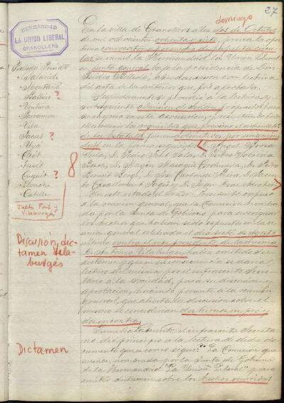 Actes de la Junta de La Unió Liberal, 2/10/1887, Sessió ordinària [Minutes]