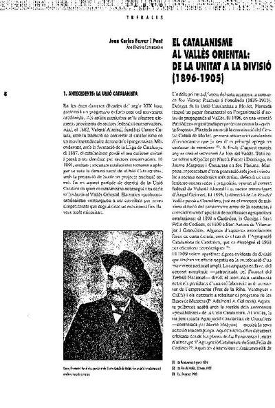 El catalanisme al Vallès Oriental: de la unitat a la divisió: 1896-1905 [Artículo]