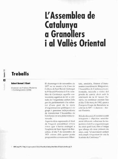 L'Assemblea de Catalunya a Granollers i el Vallès Oriental [Artículo]