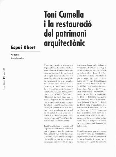 Toni Cumella i la restauració del patrimoni arquitectònic [Artículo]