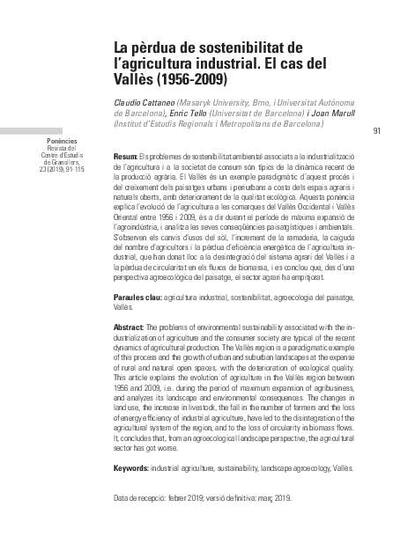 La pèrdua de sostenibilitat de l’agricultura industrial. El cas del Vallès (1956-2009) [Artículo]