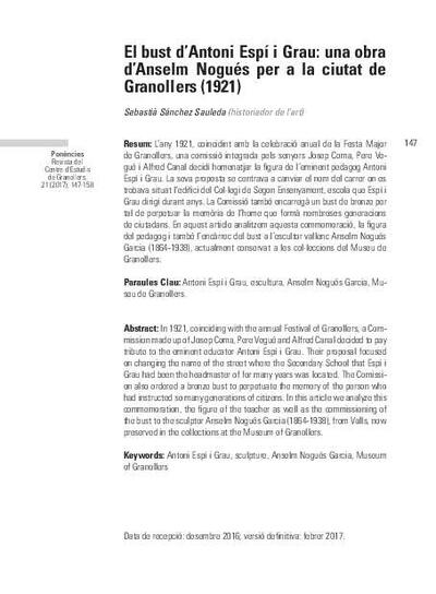 El bust d’Antoni Espí i Grau: una obra d’Anselm Nogués per a la ciutat de Granollers (1921) [Artículo]