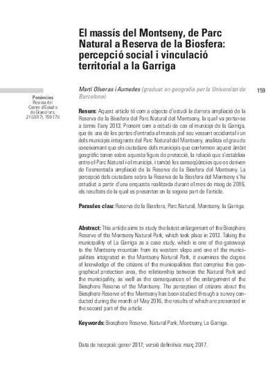 El massís del Montseny, de Parc Natural a Reserva de la Biosfera: percepció social i vinculació territorial a la Garriga [Artículo]