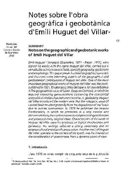 Notes sobre l'obra geogràfica i geobotànica d'Emili Huguet del Villar [Article]
