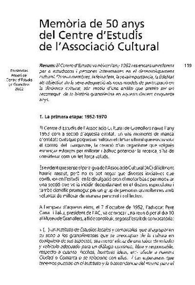 Memòria de 50 anys del Centre d'Estudis de l'Associació Cultural [Article]
