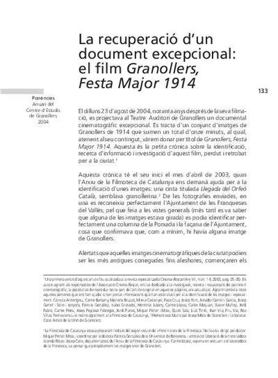La recuperació d'un document excepcional: el film Granollers, festa major 1914 [Article]
