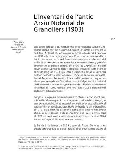 L'inventari de l'antic Arxiu Notarial de Granollers (1903) [Artículo]