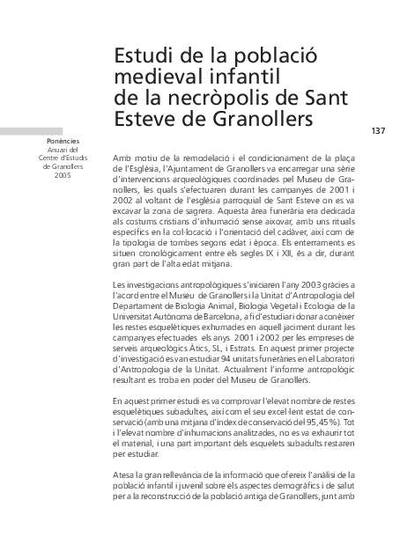 Estudi de la població medieval infantil de la necròpolis de Sant Esteve de Granollers [Artículo]