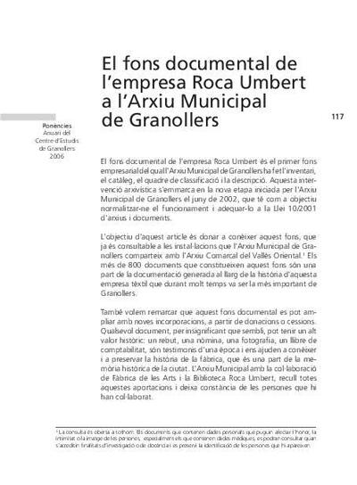 El fons documental de l'empresa Roca Umbert a l'Arxiu Municipal de Granollers [Artículo]